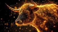 Powerful bull silhouette with glowing golden particles and light effects against dark background, representing strength, power and determination in finance.