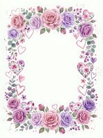 Watercolor floral frame with pink and purple roses, hearts, and green leaves on white background for cards and invitations.