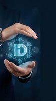 Businessman hands protecting glowing ID identity verification hologram with geometric network connections on dark blue technology background.