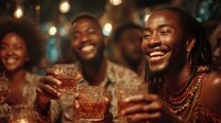 Young African friends celebrating with whiskey glasses at night party with warm bokeh lights creating joyful atmosphere for social gatherings and friendship.