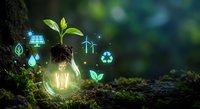 Green energy concept with glowing light bulb and plant sprouting from soil surrounded by renewable energy icons on natural forest background.
