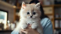 Adorable white Persian kitten with blue eyes and fluffy fur being held gently in hands, looking directly at camera against soft blurred home interior background.