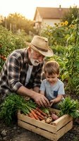 Senior Caucasian grandfather and young grandson harvesting fresh vegetables in organic garden during golden hour sunset with farmhouse background.