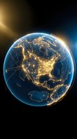 Earth planet with glowing city lights showing North America continent at night from space with network connections for global communication concepts.