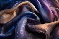 Luxurious cosmic fabric with glitter sparkles in deep blue, purple, and copper tones creates flowing waves and folds for fashion and luxury designs.