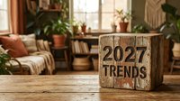 Wooden block displaying 2027 TRENDS text on rustic table in cozy living room with plants and warm natural lighting for business forecasting concepts.