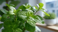 Fresh mint leaves growing on windowsill, vibrant green aromatic herb with textured foliage in natural light for culinary and wellness use.