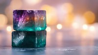 Stacked fluorite crystal cubes with purple and turquoise colors on reflective surface against soft bokeh background, showcasing natural mineral formation and light play.