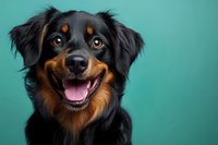 Portrait of happy black and tan mixed breed dog with long fur smiling against turquoise background, showing friendly expression and bright amber eyes.