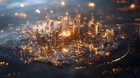 Glowing miniature cityscape with illuminated skyscrapers and bokeh lights creating magical urban atmosphere at night, modern metropolis aerial view for business concepts.