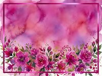 Watercolor floral frame with vibrant pink and magenta roses, lush greenery, and artistic splashes on a textured background for cards and invitations.