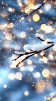 Snowy branch against blue winter sky with magical golden bokeh lights and sparkles creating dreamy seasonal atmosphere for holiday designs.