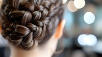 Elegant braided updo hairstyle with intricate woven pattern shown from behind against soft bokeh background, showcasing professional styling technique for special occasions.