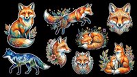 Colorful fox illustrations with floral and botanical elements, isolated on transparent background. Ready for t-shirt design, clipart, stickers, sublimation, and print-on-demand products.