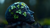 Dark human skull covered in delicate green ivy leaves and vines against moody forest background, representing cycle of life and nature reclaiming death.