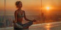 Young athletic woman practicing yoga meditation in lotus pose on modern balcony during golden hour sunset with city skyline view for wellness and mindfulness.