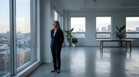 Young woman with long brown hair, Caucasian ethnicity, wearing black business suit standing in modern empty office space with floor-to-ceiling windows overlooking city skyline. Corporate professional environment.