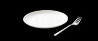 White ceramic dinner plate with fork isolated on transparent background, ready for restaurant menus, food blogs, stickers, t-shirt design, and print on demand use.