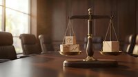 Golden scales of justice with wooden blocks on conference table in modern law office boardroom with leather chairs and natural sunlight.