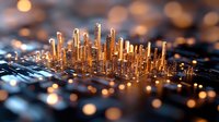 Futuristic golden cityscape rising from circuit board with glowing bokeh lights, macro photography showcasing technology and urban development concept.