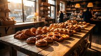 Fresh baked artisan pastries and bread displayed on wooden counter in warm cozy bakery with customers shopping in background during golden hour sunlight.