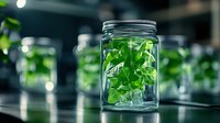 Fresh green basil leaves in glass mason jar with soft bokeh background, selective focus creates dreamy kitchen atmosphere for food and cooking concepts.