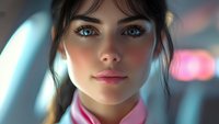 Young woman with striking blue eyes and dark bangs gazing directly at camera, soft pink makeup and rosy cheeks create gentle feminine portrait against blurred neon background.