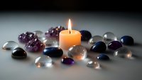 Burning candle surrounded by colorful gemstones and crystals creating peaceful meditation atmosphere for relaxation and spiritual wellness practices.
