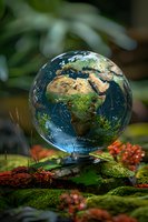 Glass globe showing Earth with Africa and Europe view placed on mossy ground with red berries, representing environmental conservation and nature harmony.