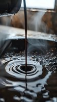 Dark liquid pouring into white surface creating concentric ripples, close-up shot with shallow depth of field and bokeh background, suitable for beverage, food, and abstract design projects.
