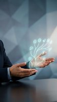 Businessman holding glowing digital tree with financial icons, representing investment growth, wealth management, and business strategy for corporate finance concepts.