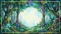 Enchanted forest frame with mystical trees and glowing moon creating magical woodland border for fantasy designs and nature-themed projects.