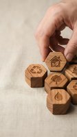 Hand selecting wooden hexagonal blocks with environmental sustainability icons including recycling, green home, tree, and water drop symbols.