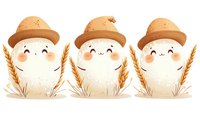 Cute cartoon mushrooms with happy faces wearing straw hats, surrounded by golden wheat stalks on white background, isolated for children's book illustrations.