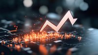 Glowing orange financial chart arrow rising over digital market data with light effects and bokeh background, representing stock market growth and success.