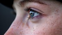 Close up macro shot of bright blue eye with natural freckles on fair skin, showing long eyelashes and detailed iris texture against dark background.