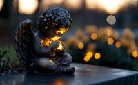 Small cherub angel statue holding glowing light against blurred bokeh background at dusk, creating peaceful spiritual atmosphere with warm golden illumination.