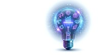 Glowing light bulb with digital innovation icons and circuit patterns representing creative technology solutions and smart business ideas on white background.