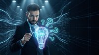 Businessman holding glowing lightbulb with question marks in futuristic digital environment representing innovation and problem-solving concepts.