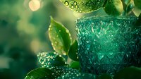 Fresh green leaves with water drops and decorative turquoise glass candle holder against blurred bokeh background create serene natural atmosphere.