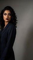 Professional Middle Eastern businesswoman in dark suit with curly hair and dramatic makeup against neutral background for corporate branding.