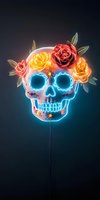 Glowing neon sugar skull with red and yellow roses crown on dark background, decorated with small flowers and leaves, Mexican culture celebration art.