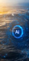 Glowing blue AI symbol surrounded by digital network connections and geometric patterns against dramatic sunset sky background, modern technology concept.