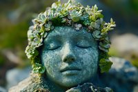 Garden sculpture face adorned with natural green foliage crown and small white flowers, creating mystical forest atmosphere. Weathered stone patina adds ethereal mood.