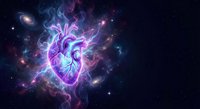 Cosmic human heart with swirling nebula energy and stardust against deep space background with glowing stars and galaxies for medical and spiritual concepts.