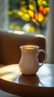 White ceramic mug with hot beverage on wooden table in morning sunlight, soft bokeh background with autumn colors creates cozy atmosphere for lifestyle design.