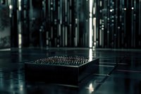 Miniature city model on dark reflective surface with vertical light beams creating dramatic atmosphere. Architectural visualization shows urban planning concept.