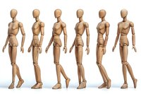Wooden artist mannequin walking cycle sequence showing six poses of figure movement from left to right on white background, useful for animation reference.
