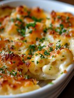 Creamy baked macaroni and cheese casserole topped with crispy breadcrumbs, melted cheddar, and fresh chopped parsley served in white ceramic dish, close-up view.