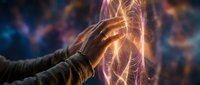Hands creating magical energy sphere with glowing light effects and mystical particles for fantasy design projects and digital art applications.